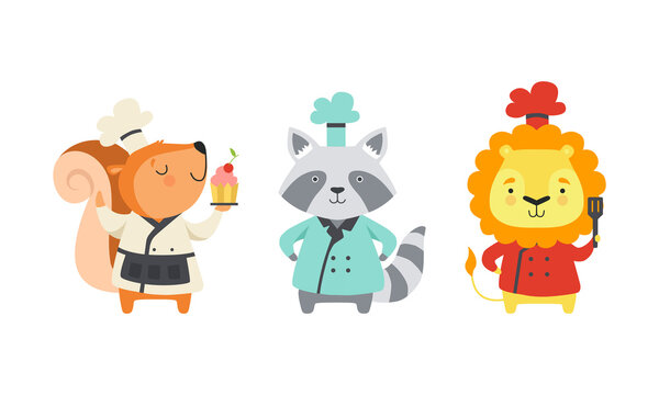 Cute Animal Chefs Characters Set, Squirrel, Raccoon, Lion in Uniform Cooking Tasty Dishes Cartoon Vector Illustration