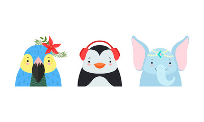 Set of Cute Baby Animals in Headdresses, Lovely Parrot, Penguin, Elephant in Headgears Cartoon Vector Illustration