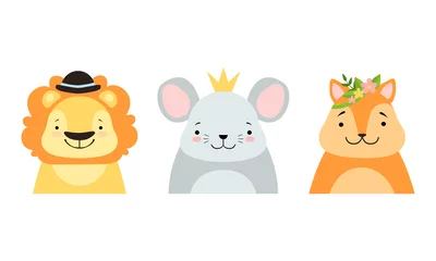 Fotobehang Set of Cute Baby Animals in Headdresses, Lovely Mouse, Fox, Squirrel in Stylish Headgears Cartoon Vector Illustration © topvectors
