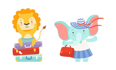 Cute Traveling Baby Animals Set, Amusing Lion and Elephant Characters Going on Trip with Luggage Cartoon Vector Illustration