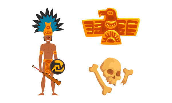 Maya Civilization Symbols Set, American Tribal Culture Signs Cartoon Vector Illustration