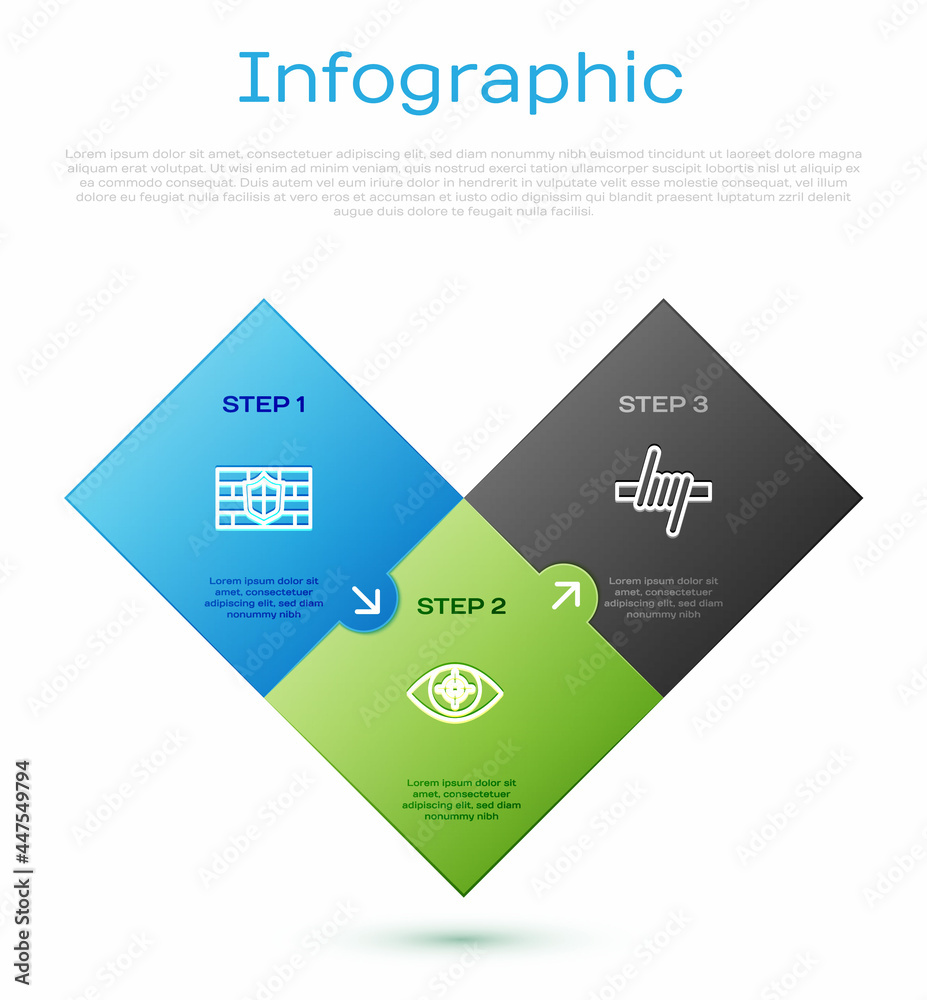 Sticker set line shield with brick wall, barbed wire and eye scan. business infographic template. vector