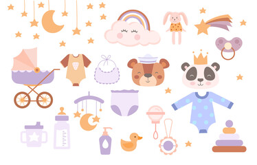 Set of cute boho baby objects in scandinavian plain pastel style on white background. Poster with beautiful items for little kids and mothers, nursery room decor. Flat cartoon vector illustration