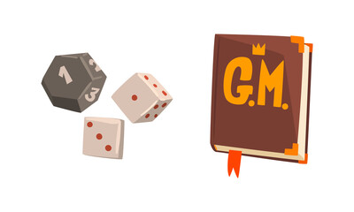 Fantasy Magic Board Game User Interface Set, Dice Cubes and Book Cartoon Vector Illustration