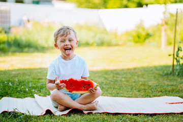 Toddler boy sit on the grass and eat red ripe watermelon. Childhood, immunity, happiness, healthy snack