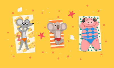 Animals Sunbathing on Beach Set, Top View of Mouse, Koala, Pig Relaxing on Seashore at Summer Holidays Vector Illustration