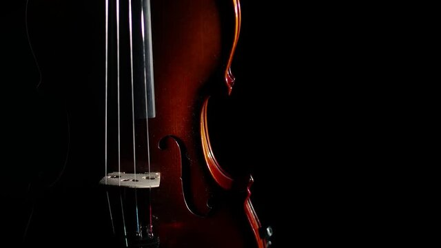 Showing the violin around in darkness, close-up. Concept of a classical musical instrument.