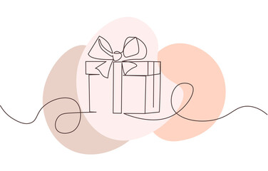 Continuous line drawing of gift box with bow on white background. Wrapped surprise package for christmas or birthday party .Party and celebration. Flat cartoon line art outline vector illustration © Rudzhan