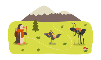 Naklejka premium Wild Animals Hiking on Summer Mountain Landscape Set, Penguin, Ant, Crow Characters Camping, Hiking Vector Illustration
