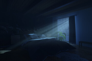 3d rendering of vintage bedroom with light rays and cozy low bed at night