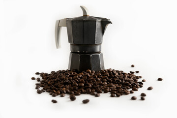 Coffee maker isolated on coffee beans background