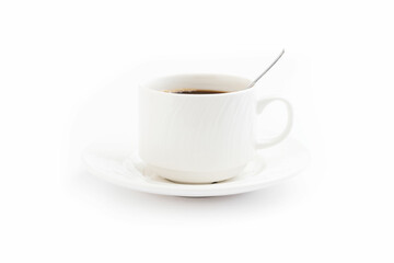 White coffee mug with spoon isolated on white background