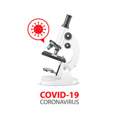 Covid-19, Coronavirus Banner. Vector 3d Realistic White Laboratory Microscope and Virus, Bacteria. Chemistry, Biology Tool. Science, Lab, Research, Education Concept. Design Template. Front View