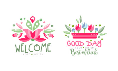 Welcome Logo Design Set, Good Day, Best of Luck Hand Drawn Labels Vector Illustration