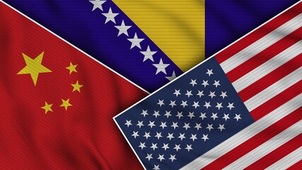 Bosnia and Herzegovina United States of America China Flags Together Fabric Texture Effect Illustration