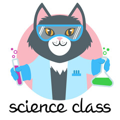 Vector illustration of a cute cartoon cat in a lab coat with test tubes signed science class
