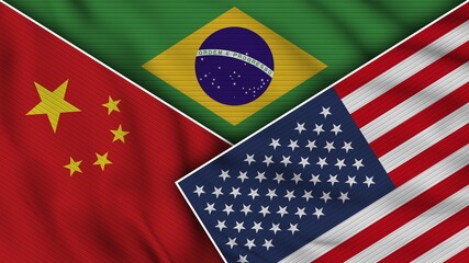Brazil United States of America China Flags Together Fabric Texture Effect Illustration