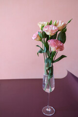 Pink eustoma flowers in a vase or glass on a purple table.
