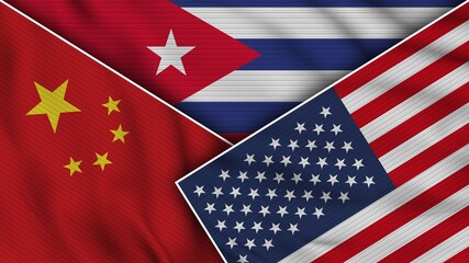 Cuba United States of America China Flags Together Fabric Texture Effect Illustration