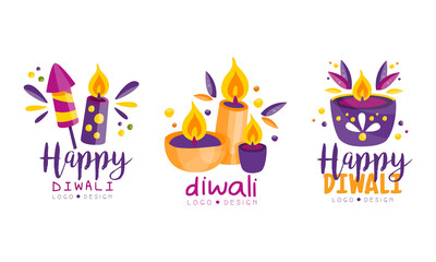 Diwali Logo Design Set, Indian Festival of Lord Ganapati Labels Vector Illustration