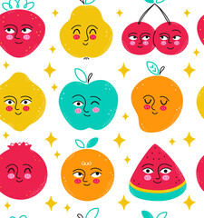 Cute funny fruits seamless pattern. Vector cartoon character illustration design. Apple,lemon,pear,mango,orange,watermelon,strawberry,cherry with cute happy face cartoon seamless pattern concept