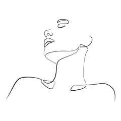Abstract woman head and shoulders one line drawing on white isolated background