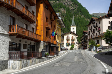 Fototapeta na wymiar View of Valtournenche a typical resort town in Aosta Valley during summer season, Italy