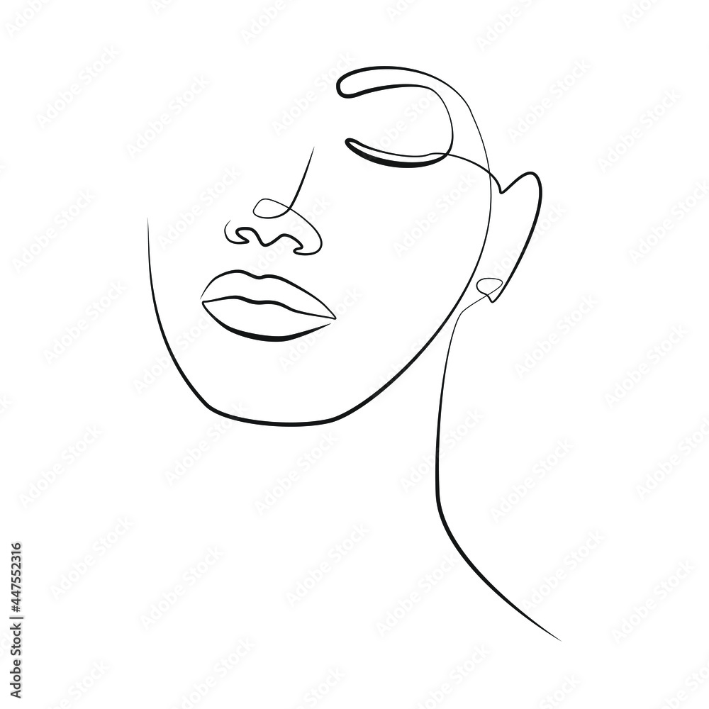 Wall mural Face of young african american woman with closed eyes, one line drawing on white isolated background