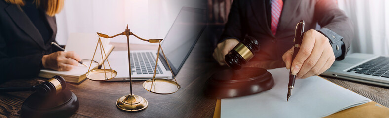 Business and lawyers discussing contract papers with brass scale on desk in office. Law, legal...