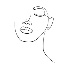 Face of young african american woman with closed eyes, one line drawing on white isolated background