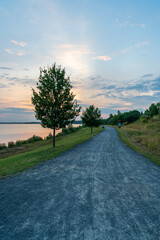 Road at the Markkleeberger lake at sunset in summer