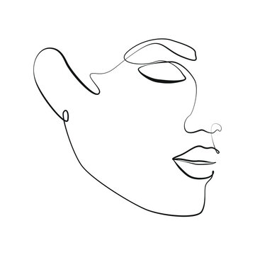 recommend clip art: Face of a young woman with closed eyes one line drawing on white isolated background