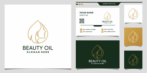 Beauty oil logo with woman face and water drop in line art style and business card design