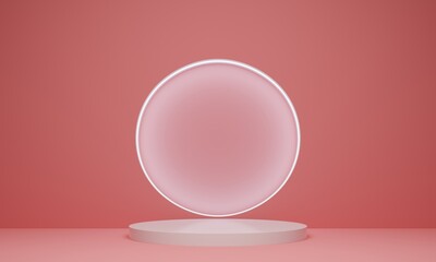 3d podium with round neon circle for advertising. Blank product stage.