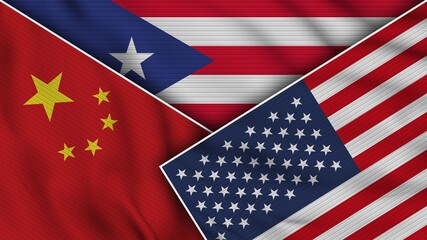 Puerto Rico United States of America China Flags Together Fabric Texture Effect Illustration