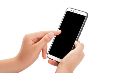 women's hands hold a smartphone (phone), isolate on a white background