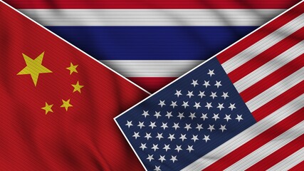 Fototapeta premium Thailand United States of America China Flags Together Fabric Texture Effect Illustration