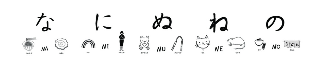 Japanese alphabets illustration Hand drawn sketch drawing. Japanese letter set. Vector illustration of calligraphy Hiragana word with example. Graphic design elements. Isolated objects for education.