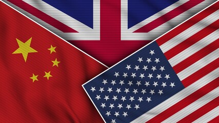 United Kingdom United States of America China Flags Together Fabric Texture Effect Illustration