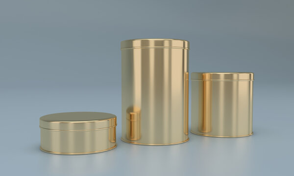 3D rendering of golden tins isolated on a gray background