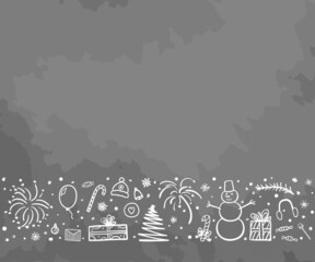 Christmas background. Hand drawn xmas elements. Abstract holiday signs and objects. Freehand drawings. Black and white illustration