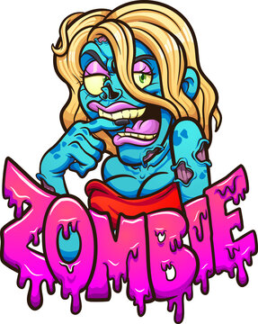 Female blond cartoon zombie with red dress and zombie text. Vector clip art illustration with simple gradients. All on a single layer. 
