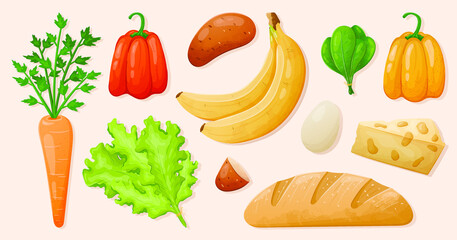 Set of vector isolated realistic food illustrations. Fresh healthy vegetables and fruits, raw herbs, bread, cheese and milk.