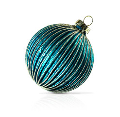 Christmas element, glass blue ball close up isolated on white background.