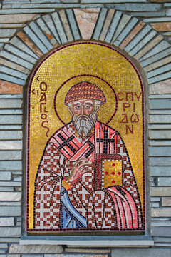 Mosaic Saint Cyprian, at Greek Christian Orthodox Church in Dion, at foot in the Olympus Mont. Greece, June 2014