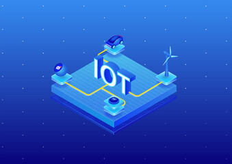 IOT internet of things concept. 3d isometric vector illustration of connected devices such as autonomous car, wind turbine, smart speaker, smart thermostat.