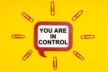 On a yellow background, paper clips and a mental plaque with the inscription - You Are In Control