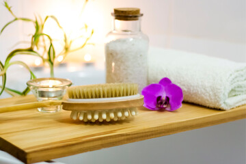 Obraz na płótnie Canvas Spa-beauty salon, wellness center. Spa treatment aromatherapy for a woman's body in the bathroom with candles, oils and salt.