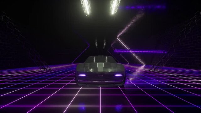 3d cyberpunk retro style. Synthwave. The car is driving in the neon tunnel. Seamless loop 3d render