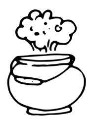 Vector boiler with a cloud of steam. hand-drawn doodle-style witch's cauldron with a cloud of steam, side view with a handle, isolated black outline on a white background for a design template